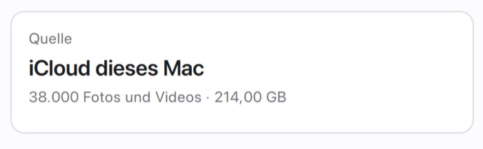 Die Karte „Quelle“ in PicFrom: iCloud dieses Mac, 38.000 Fotos und Videos, 214 GB