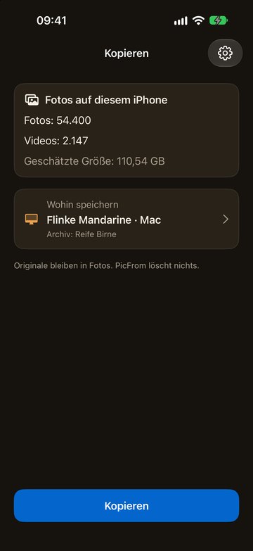 PicFrom auf dem iPhone, bereit zum Senden an einen Mac