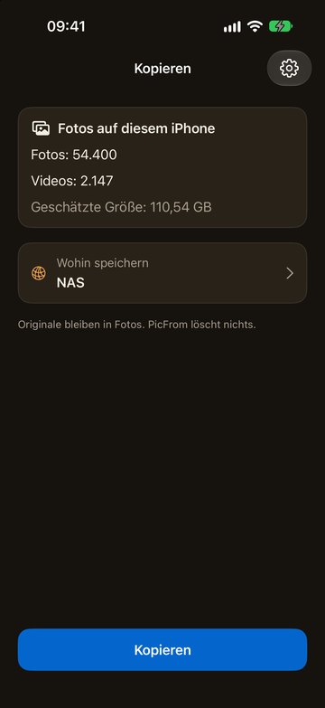 PicFrom auf dem iPhone, bereit zum Kopieren auf ein NAS