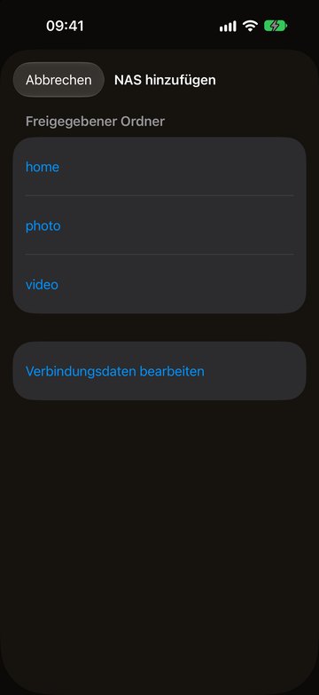 PicFrom auf dem iPhone zeigt die freigegebenen Ordner des NAS