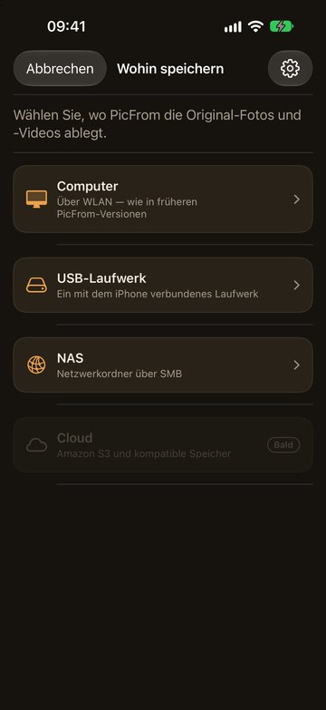 PicFrom auf dem iPhone: NAS als Speicherort wählen