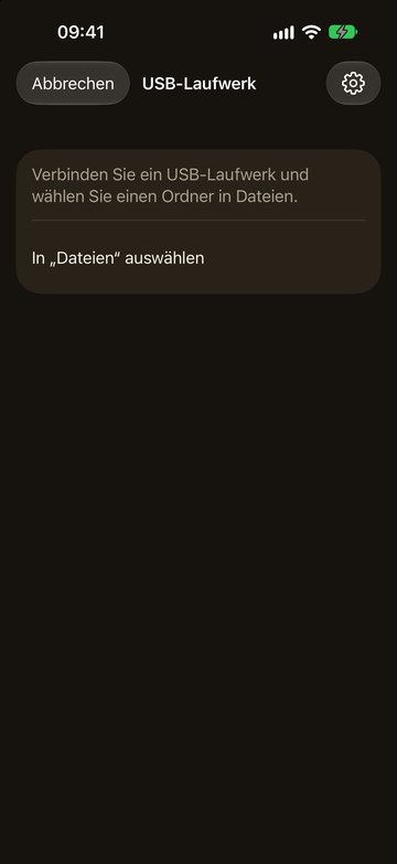 PicFrom auf dem iPhone bittet, ein USB-Laufwerk anzuschließen und in Dateien zu wählen