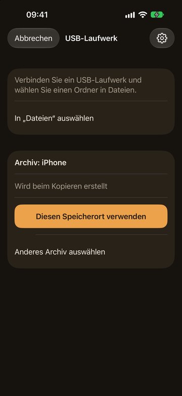 PicFrom auf dem iPhone mit einem neuen Archiv auf dem USB-Laufwerk