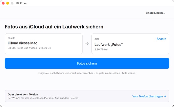 Das Hauptfenster von PicFrom für Mac
