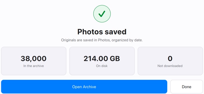 The summary in PicFrom: 38,000 photos in the archive, 214 GB on the drive, 0 not downloaded