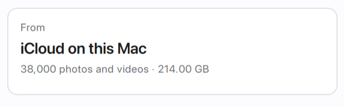 The From card in PicFrom: iCloud on this Mac, 38,000 photos and videos, 214 GB