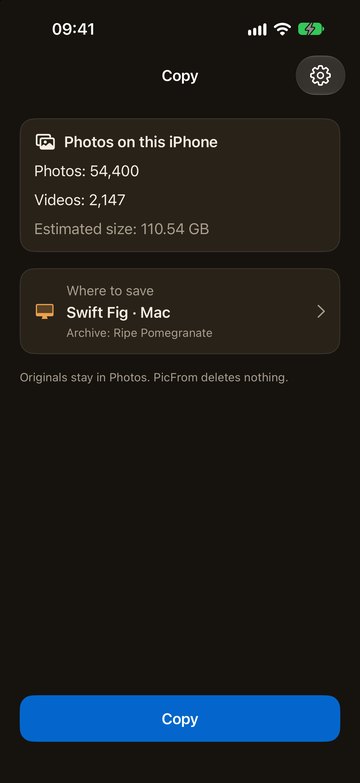 PicFrom on the iPhone ready to send photos to a Mac