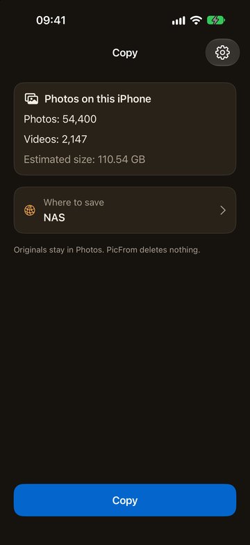 PicFrom on the iPhone ready to copy to a NAS