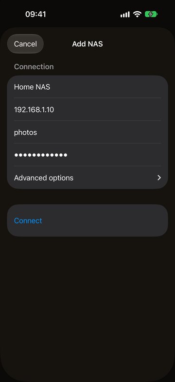 The Add NAS form in PicFrom with an address, user name and password