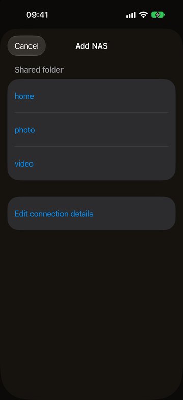 PicFrom on the iPhone listing the NAS shared folders
