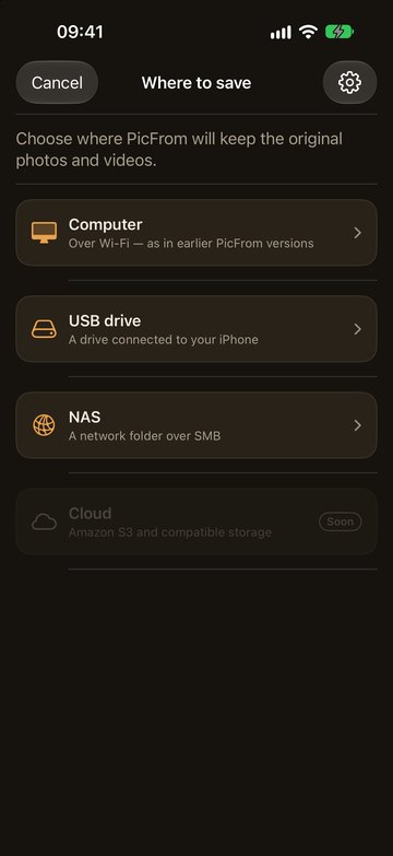 PicFrom on the iPhone: choosing NAS as the place to save