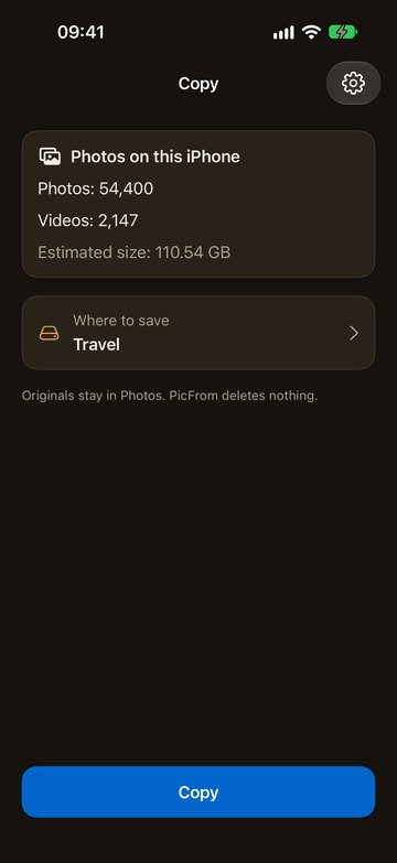 PicFrom on the iPhone ready to copy to a USB drive