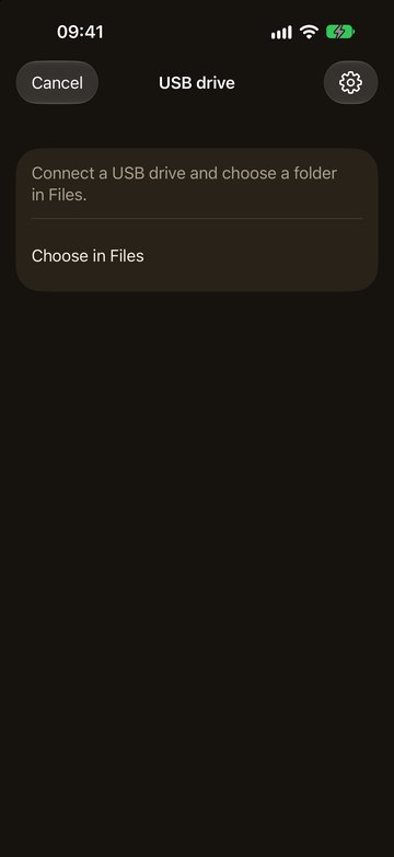 PicFrom on the iPhone asking to connect a USB drive and choose it in Files