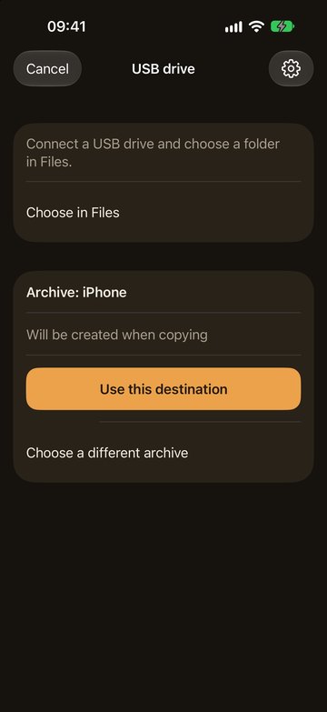PicFrom on the iPhone with a new archive on the USB drive