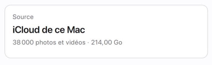 La carte « Source » dans PicFrom : iCloud de ce Mac, 38 000 photos et vidéos, 214 Go