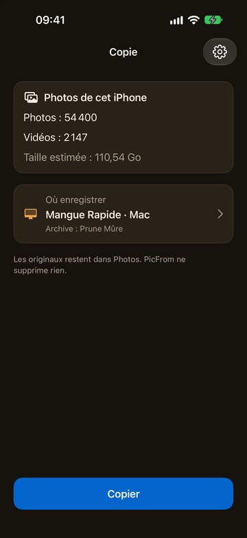 PicFrom sur l’iPhone, prêt à envoyer les photos à un Mac