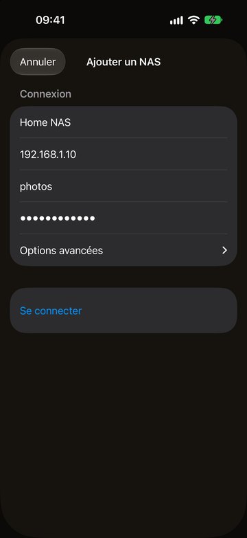 Le formulaire Ajouter un NAS dans PicFrom avec une adresse, un nom d’utilisateur et un mot de passe