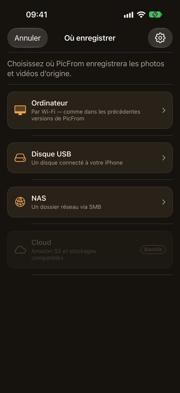 PicFrom sur l’iPhone : choix du disque USB comme emplacement