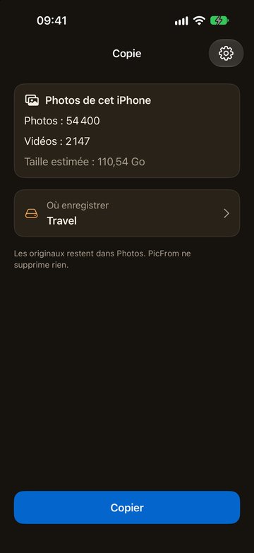 PicFrom sur l’iPhone, prêt à copier sur un disque USB