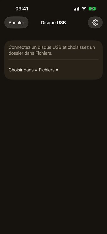 PicFrom sur l’iPhone demande de brancher un disque USB et de le choisir dans Fichiers