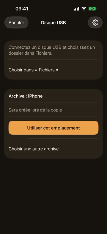 PicFrom sur l’iPhone avec une nouvelle archive sur le disque USB
