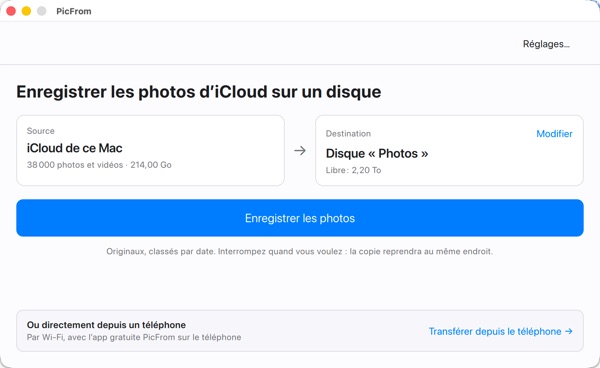 La fenêtre principale de PicFrom pour Mac