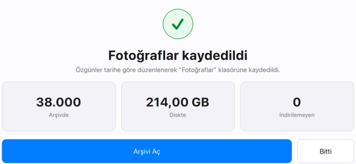 PicFrom'daki özet: arşivde 38.000 fotoğraf, diskte 214,00 GB, indirilemeyen 0