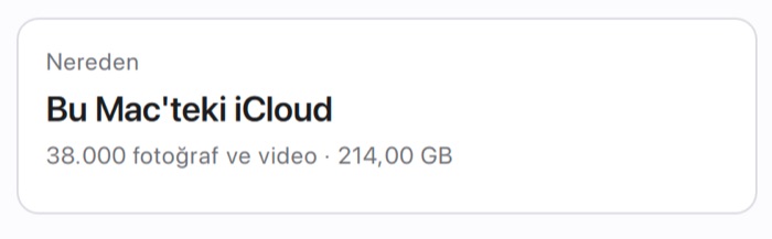 PicFrom'daki “Nereden” kartı: Bu Mac'teki iCloud, 38.000 fotoğraf ve video, 214,00 GB