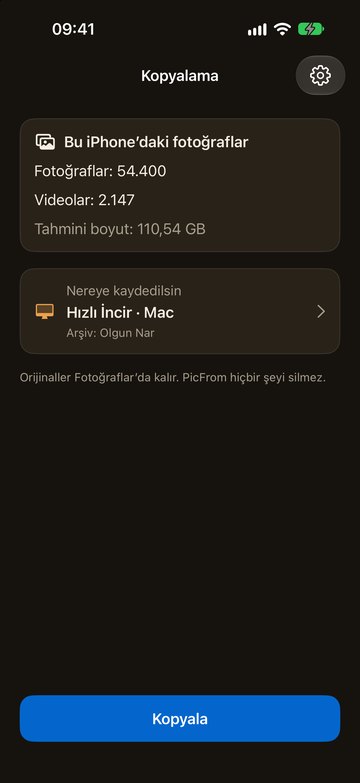 iPhone'da fotoğrafları Mac'e göndermeye hazır PicFrom