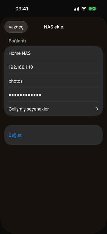 PicFrom'da adres, kullanıcı adı ve parolayla NAS ekle formu