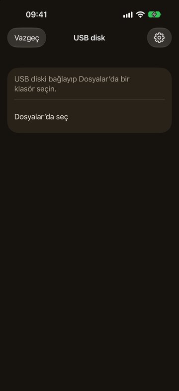 iPhone'da PicFrom bir USB disk takıp Dosyalar'da seçmenizi istiyor