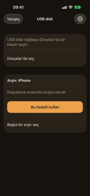 iPhone'da USB diskte yeni bir arşivle PicFrom