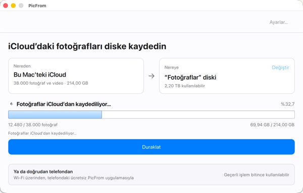 PicFrom orijinalleri iCloud'dan kaydediyor